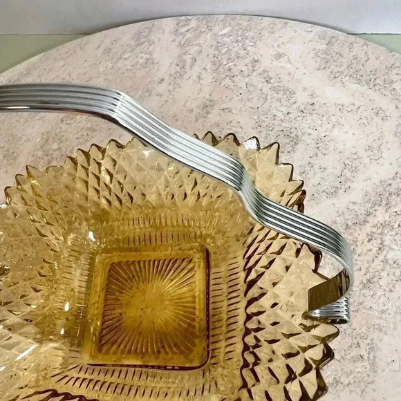 Vintage Yellow Silver-Tone Handle Diamond Amber Gold Sawtooth Edge Candy Dish - Picture 7 of 12